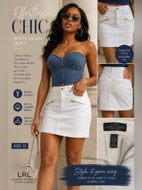 Ralph Lauren White Denim Mini Skirt with Zip-Pocket Detail